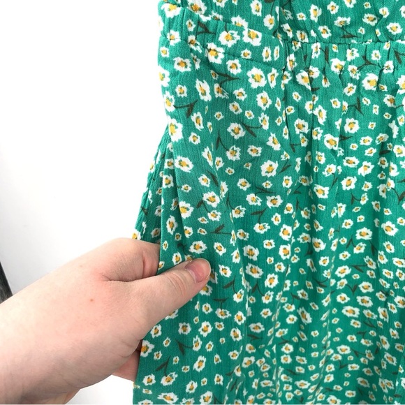 A.N.A. Green Ditsy Floral Dress Ruched Tie Shoulder Rayon Sundress Daisy Pockets - Picture 5 of 7